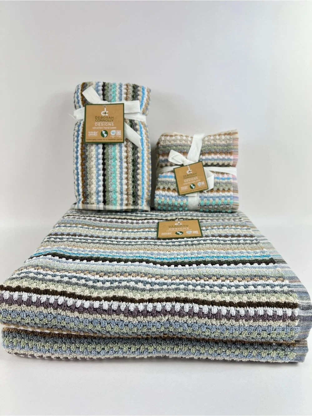 Deborah Connolly Bath Towel Set Striped Brown Green Aqua Cotton 8 Pc Set NEW